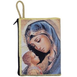 Religious Pouch for Rosaries and Chaplets | Zipper Closure | Beautiful Mother and Child Artwork | Blue Cross on Back | Gold-Tone Thread | Great Gift for First Sacraments