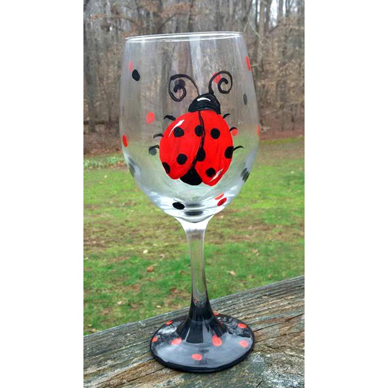 Ladybug Hand Painted Stemmed Wine Glasses Set of 2