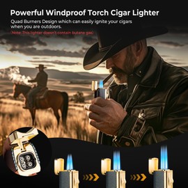 Kirenp Butane Torch Lighter and Cutter Set, with Quad Jet Flames (without Butane Fuel (Lighter & V Cutter Set), Carbon Fiber Gold
