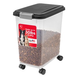 IRIS USA Airtight Pet Food Storage Container with Wheels, Black, 30 lb Capacity - BPA-Free Clear Plastic Bin with Snap-Lid Seal to Keep Kibble, Pellets or Seeds Fresh for Dogs, Cats and Birds