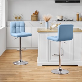 Yaheetech Bar Stools Set of 2, Adjustable PU Leather Swivel Barstools, Modern Counter Stools with Back and Footrest, Counter Height Barstools for Bar, Kitchen, Dining Room, Blue