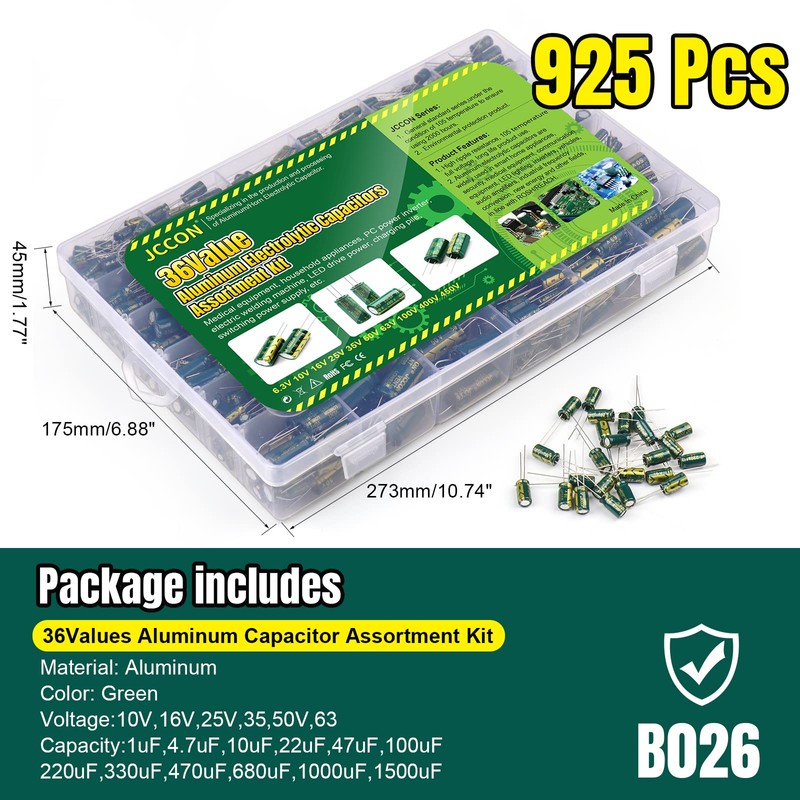 BEEYUIHF 925Pcs 36Values Aluminum Electrolytic Capacitor Assortment Kit Lowesr Capacitors