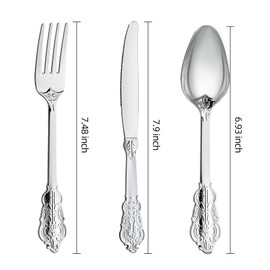 N9R 300-Piece Elegant Silver Plastic Silverware - Heavy Duty Disposable Forks, Spoons, and Knives, Perfect for Weddings, Parties, Picnics, Travel, and Daily Use (100 Forks, 100 Spoons, 100 Knives)