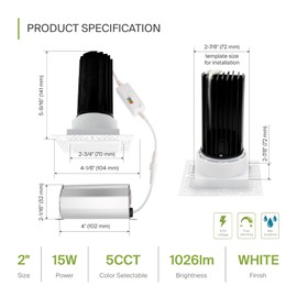 ASD Trimless 2 Inch LED Recessed Lighting, 15W 120V Commercial Square LED Downlight, Canless Dimmable LED Downlights for Ceiling with J-Box, 5 CCT 2700K-5000K, CRI 90+, IC Rated, ETL Energy Star White