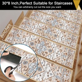HEBE Carpet Stair Treads for Wooden Steps Indoor 15 Pack 8" X 30" Non Slip Self Adhesive Stairway Carpet Reusable Staircase Step Treads Edging Stair Rugs Runner for Kids and Pets