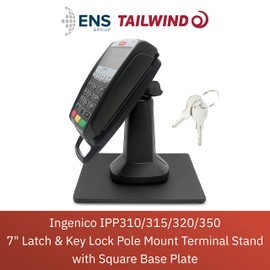 ENS Tailwind Ingenico IPP310/315/320/350 7" Latch and Key Lock Flexipole Plus Pole Mount PIN Pad Stand with Square Freestanding Mobility Base Plate, Black