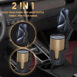 bokilino Cup Holder Phone Mount, 2 in 1 Universal Cup Holder Expander Adjustable Base with Phone Mount, Long Arm with 360Rotation Cup Holder Phone Mount for Car Compatible with All Smartphones