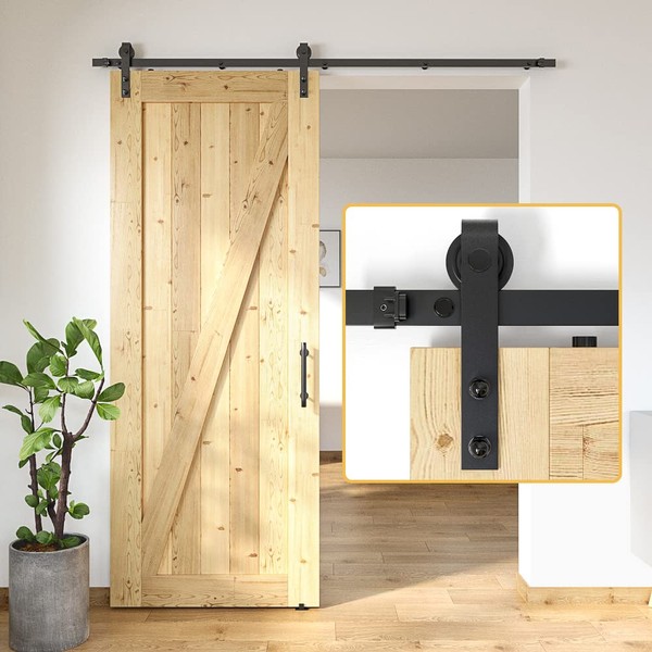 SKYSEN 6FT Barn Door Hardware Kit, Sliding Barn Door Hardware Kit, Barn Door Track, Combination Track- Smooth and Quiet- Easy to Install- Manual Included- Lite Version- Black (J-Lite-5)