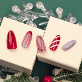 Christmas Press on Nails Candy Stripe Medium Almond Fake Nails with Silver Glitter Designs False Nails Red French Tip Glitter Glue on Nails Xmas Winter Full Cover Stick on Nails for Women Girls 24PCS