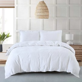 Royal Tradition Belgian Flax Linen-Cotton Blend Medium Warmth 4PC Bedding Set Includes: Duvet Cover Set with Down Alternative Comforter, (Full/Queen, White)