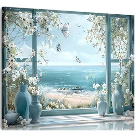 Window Beach Canvas wall art Coastal wall decor Picture White flowers and butterflies Painting Artwork Horizontal Nature Landscape Seaside Summer Print for living room home Decoration 16x24in