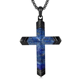 GTMJ Black Lapis Lazuli Cross Necklace for Men - Stainless Steel Adjustable Wheat Chain 24-26in, Spiritual Jewelry Gift for Him, Everyday Wear