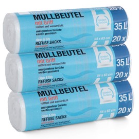 Premiumline Bin Liners 35 Litres Pack of 3 Size: 54 x 63 cm Particularly Tear-Resistant and Waterproof with Carry Handle / Handle Pack of 60