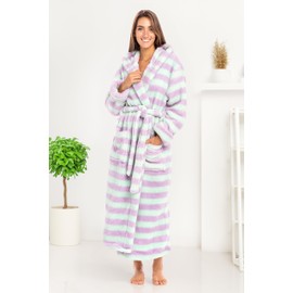 Alexander Del Rossa Womens Fluffy Robe, Fuzzy Robe for Women, Long Hooded Robes for Women, Plus Size Robe Purple Pastel Stripes Small (A0304P11SM)
