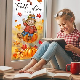 JarThenaAMCS Fall Window Clings Watercolor Maple Leaves Truck Pumpkin Scarecrow Window Decals Double-Sided Autumn Window Decor for Fall Thanksgiving Home Office Harvest Party Window Glass Mirror Decor
