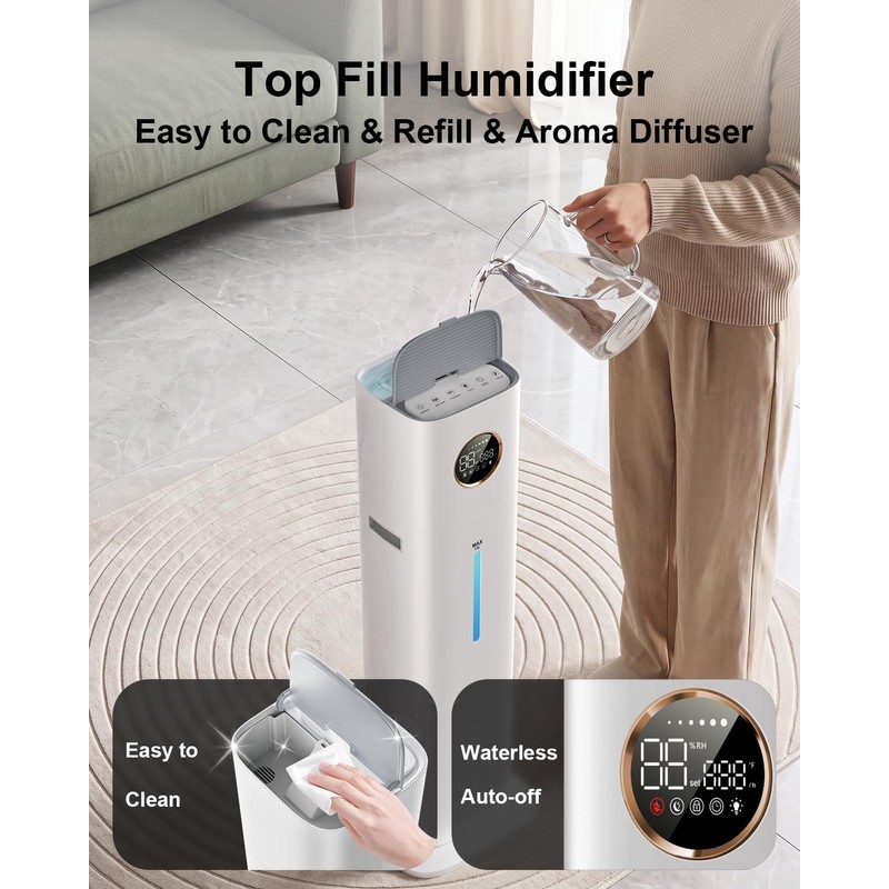 Cool Mist Humidifiers for Large Room 800ft²,13L 100H Runtime, 25dB