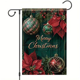 Saoplasa Merry Christmas Garden Flag Red Poinsettia Ornaments Plaid Ball 12x18 Inch Double Sided Outdoor Yard Banner for Holiday Winter Decoration Festive Seasonal Home Decor