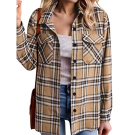 Zeagoo Plaid Shirts for Women Flannel Cotton Blend Collared Long Sleeve Blouse Button-Up Casual Outfits Tops Khaki M