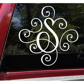 Matte Black - Scroll Monogram Initial 5" x 5" Vinyl Decal - Decorative Letter Script Lettering - Die Cut Sticker