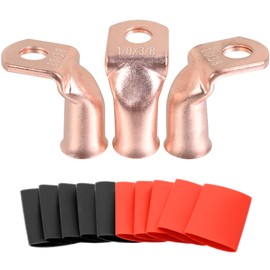 90° Pure Copper Cable Lugs 10pcs 1/0 AWG-3/8 90 Degree Bent Battery Lugs,Heavy Duty Wire Lugs,Ring Terminal,0 Guage terminals 90° Battery Cable Ends/Terminal Connectors + 10PCS 3:1 Heat Shrinks