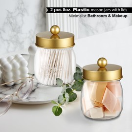 SheeChung 2 Pack Acrylic Mason Jar Qtip Holder Dispenser with Labels, Gold