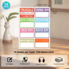 YIKIADA Home Moving Labels Vinyl 8 Color Coded Packing Box Stickers with Fragile and Blank Customizable Writable Notes Areas Tag 76.2 × 50.8 mm for House Wardrobe Furniture Apartment 128 PCS