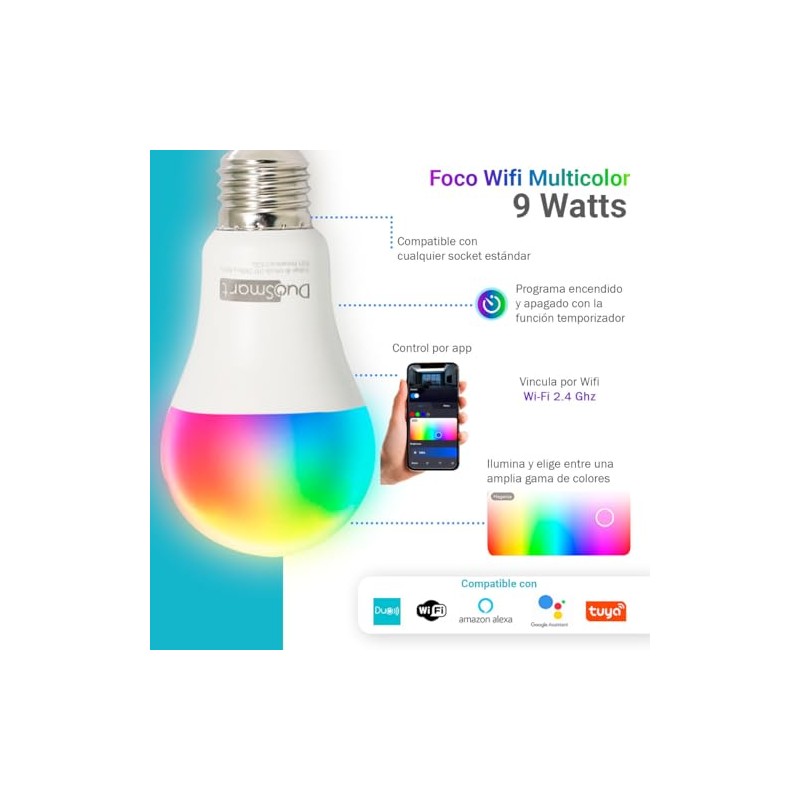 Kit 2 Focos Inteligentes S10 WiFi 2.4 Ghz, Multicolor Luz