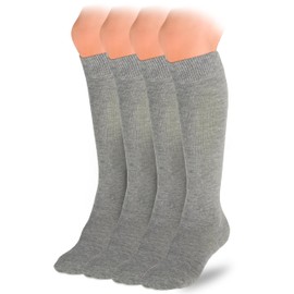 HUGH UGOLI Knee High Cotton Socks for Kids Girls Boys & Toddlers, Long School Uniform Socks, Soft & Comfortable,Light Grey, 12-14 Years Old, 4 Pairs