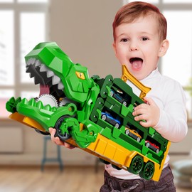 BLmukce Dinosaur Race Track Toys for Kids 3-5 | 59" Dual Track Transport Truck with 12 Die-Cast Cars | Swallow & Race Action | Carrier Truck Toy Birthday Gift for 4 5 6+ Years Old Boys & Girls (Green)