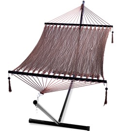 PNAEUT Double Hammocks with Stand Heavy-Duty for Outside, Handwoven Luxurious Rope Hammock 2 Person, Max 475 lbs Capacity (Mocha, with Stand)