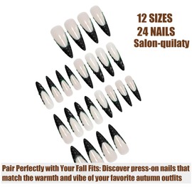 Black French Tip Press On Nails Long Almond Press Ons Nails For Women