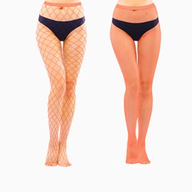 QHANSHIEE 2 Styles High Waist Fishnet Tights,Orange Fishnets Stockings,Colored Tights Party Thigh High Pantyhose
