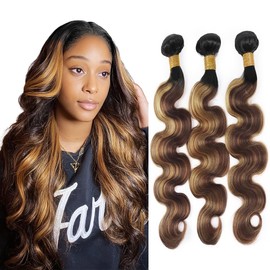 Niciitysi T1BP4/27 Human Hair Body Wave Bundles 26 28 30 inch Double Weft Brazilian Hair Extensions Ombre 3 Tone Dark Brown and Color 27 Honey Blonde Bundles for Women
