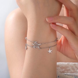 UNIFT Sea Turtle Starfish Bracelet Anklet For Women Stainless Steel Hollow Out Adjustable Layered Summer Beach Nature Ocean Jewelry Gifts (silver)
