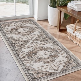 Joydeco Runner Rug 2x5 Non Slip Machine Washable Vintage Hallway Carpet Runner, Low Pile Lightweight Chenille Print Rugs for Entryway, Hallway, Bedroom, Kitchen and Corridor, Light Coffee