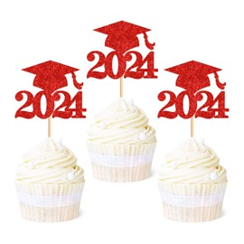 Ercadio Paquete de 36 tapas de graduación 2021 con purpurina para cupcakes, clase de 2021 con tapa de graduación para decoración de fiesta temática de graduación 2021, color rojo