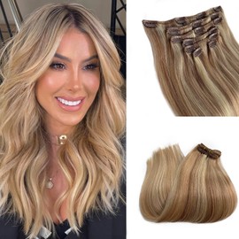 Clip in Hair Extensions Remy Human Hair 20 Inch Golden Brown Mix Bleach Blonde Balayage Real Human Hair Extensions Clip ins 70G 7PCS Blonde Highlights Clip in Extensions for Fuller and Thicker Look