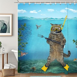 rzzlp Funny Cat Blue Sea Ocean Shower Curtain,Bathroom Shower Curtains Bathtub Home Decor Waterproof Fabric Machine Washable with 12 Hooks 72''×72''