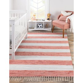 Unique Loom Chindi Rag Collection Area Rug - Striped (7' 10" x 10' Rectangle, Coral and Ivory)