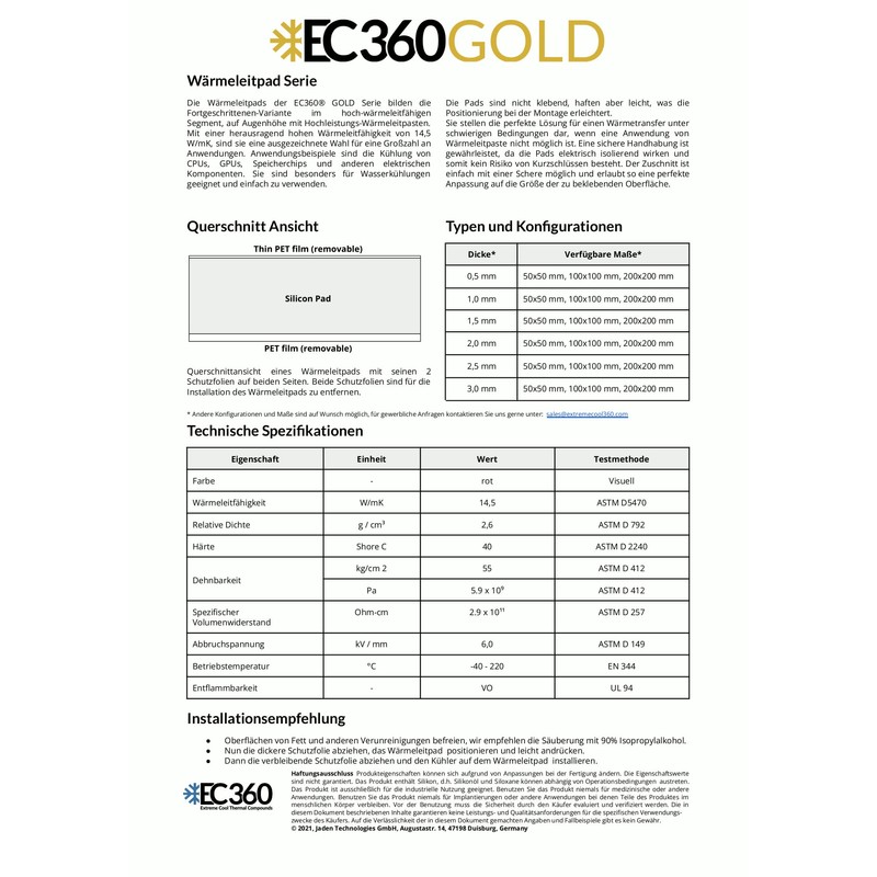 EC360® Gold 14.5W/mK Thermal Pad (50 x 50 x 1.0