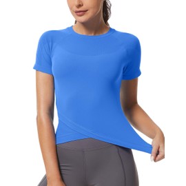 MathCat Workout Shirts for Women, Workout Tops for Women Short Sleeve, Cross Hem Compression Shirts, Athletic Running Yoga Gym Tops Lake Blue