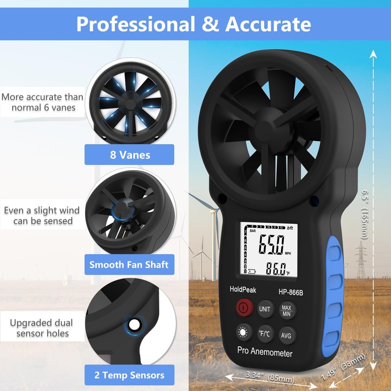 HoldPeak 866B Handheld Anemometer with Tripod, Digital Wind Speed Gauge