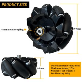 Premium Mecanum Wheels, 4WD Omnidirectional Wheels, 97mm Omni Directional Tire with 4pcs Metal 4mm Coupling Motor Connector for AGV Robot Car Chassis, Robotic Moving Platform Robot Parts DIY Kit
