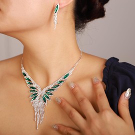Xerling Women Jewelry Set Green Rhinestones Crystal Wedding Brides Tassel Choker Necklaces with Earrings Set Statement Fringe Chains Necklace for Party Pageant (Green)