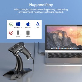 Eyoyo Barcode Scanner 2D, USB Wired Handheld QR Code Scanner with Stand, Auto Sensing Scanner for Handsfree, Screen Scanning Bar Code Reader for Computer, POS Market, Library, Store, Medical