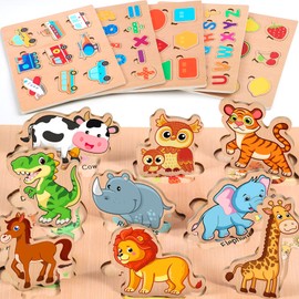 lenbest Set of 6 Children's Wooden Puzzles - Montessori Toy - Animal Alphabet Number Vehicles Shape Fruit Wooden Toy - Puzzle Puzzle Educational Toy Children's Toy 2 3 Years - Gifts