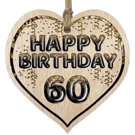 Stuff4 Fun 60th Birthday Gift For Men Woman Wooden Heart Plaques - Foil Age - 60 - Light Wood Sign Keepsake, Happy Birthday Plaque for Dad Mum Grandad Nanny Grandma Gran Uncle Auntie Cousin