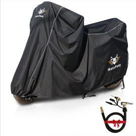 MotoTarp 600D Heavy Duty Motorcycle Cover 100% Waterproof; License Plate Window, Exhaust Heat Guard, Night Reflectors, Wheel Lock Slots (Black, 4XL 116X43X55)