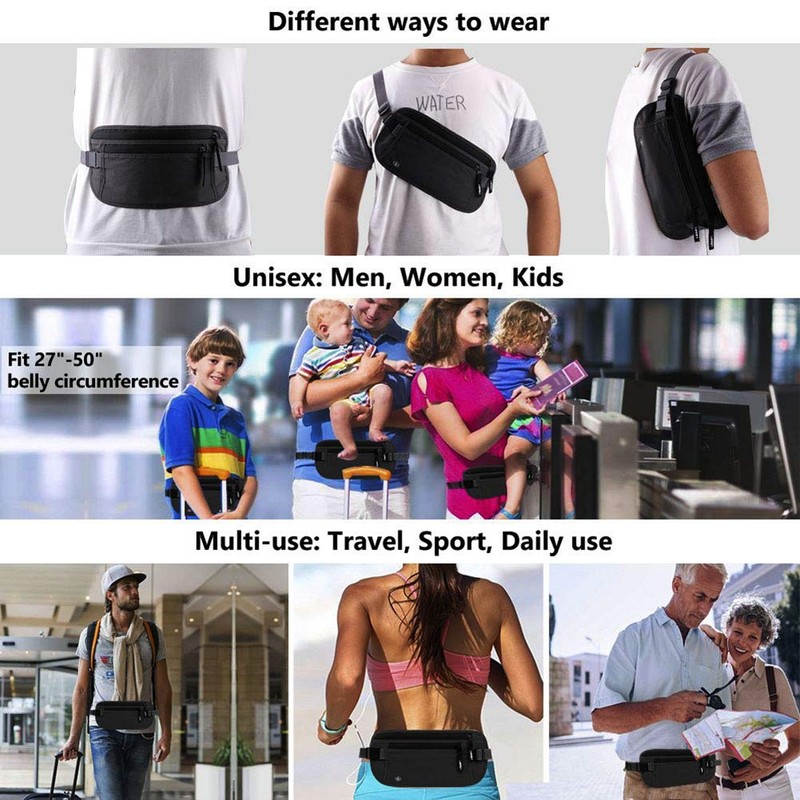 Waist Belt Bag, Travel Money Belt Mesh Lining Elastic Security