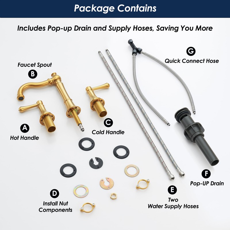 Roffenny Brushed Gold Bathroom Sink Faucet 8 Inch Widespread 3